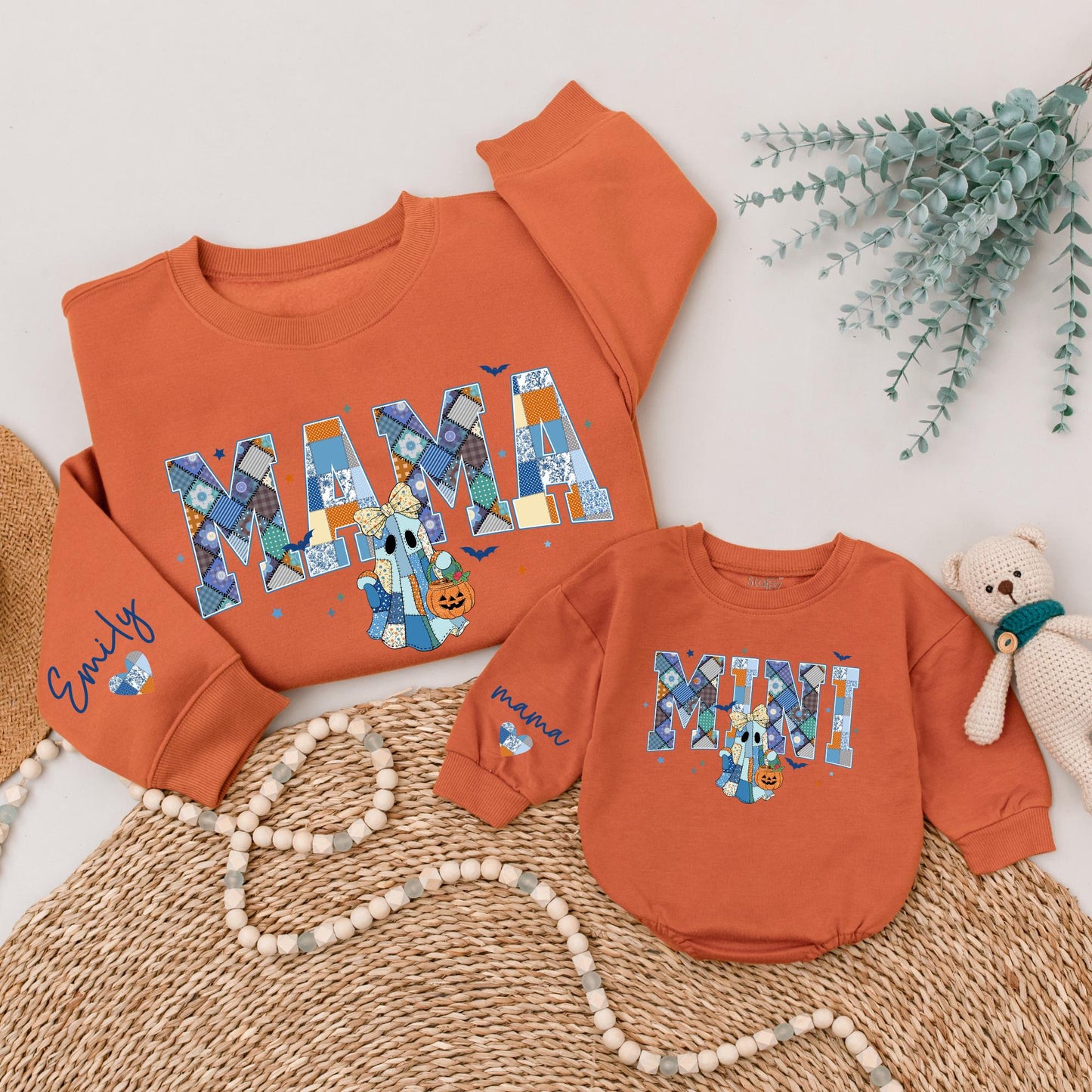 Custom Mama Mini Halloween Sweatshirts Patchwork Ghost Design, Retro Spooky Season Matching Mommy and Me Outfits, Personalized Family Halloween Gift Idea