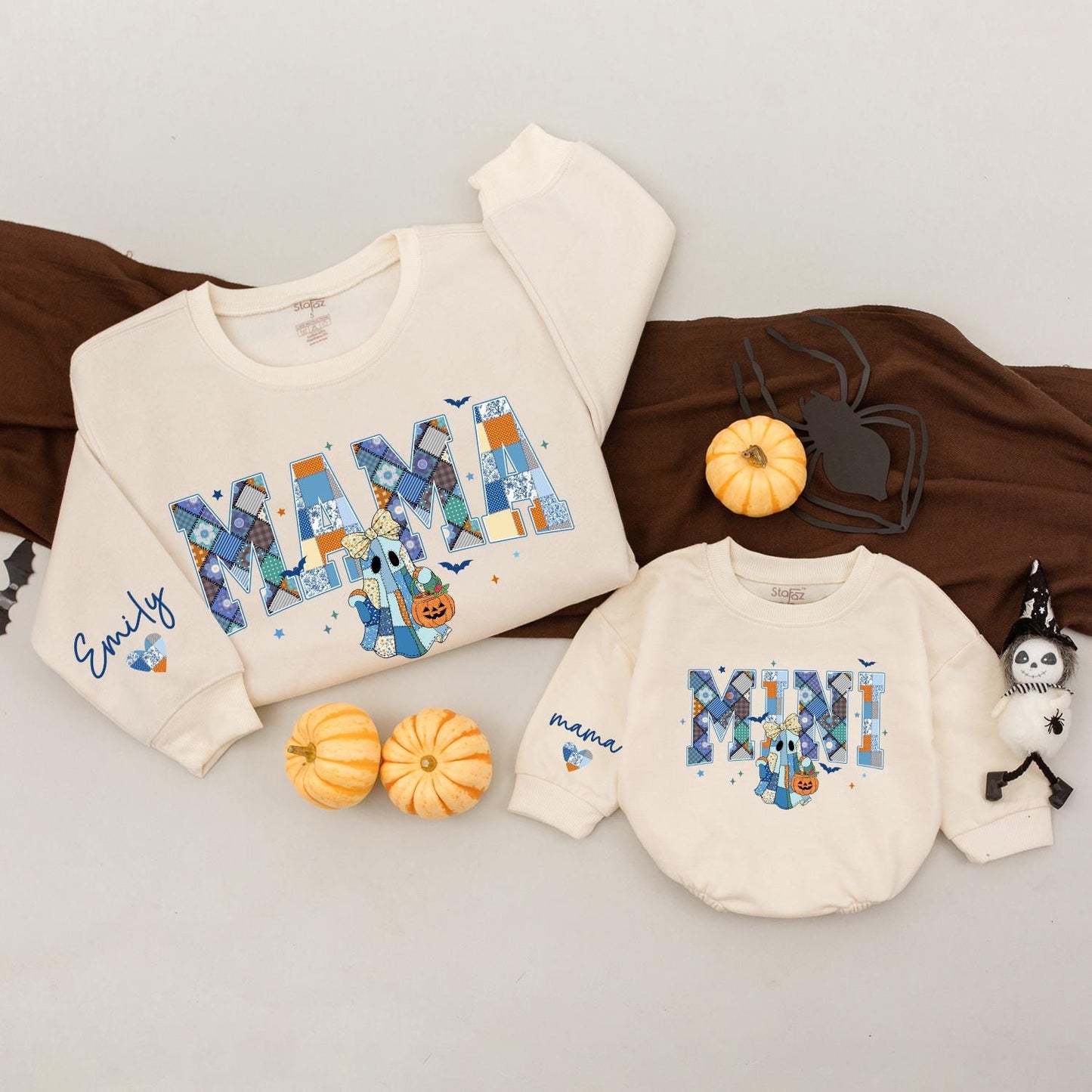 Custom Mama Mini Halloween Sweatshirts Patchwork Ghost Design, Retro Spooky Season Matching Mommy and Me Outfits, Personalized Family Halloween Gift Idea