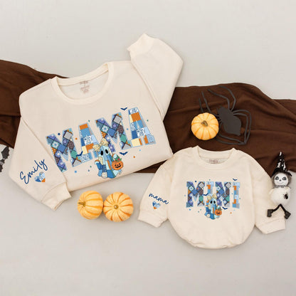 Custom Mama Mini Halloween Sweatshirts Patchwork Ghost Design, Retro Spooky Season Matching Mommy and Me Outfits, Personalized Family Halloween Gift Idea