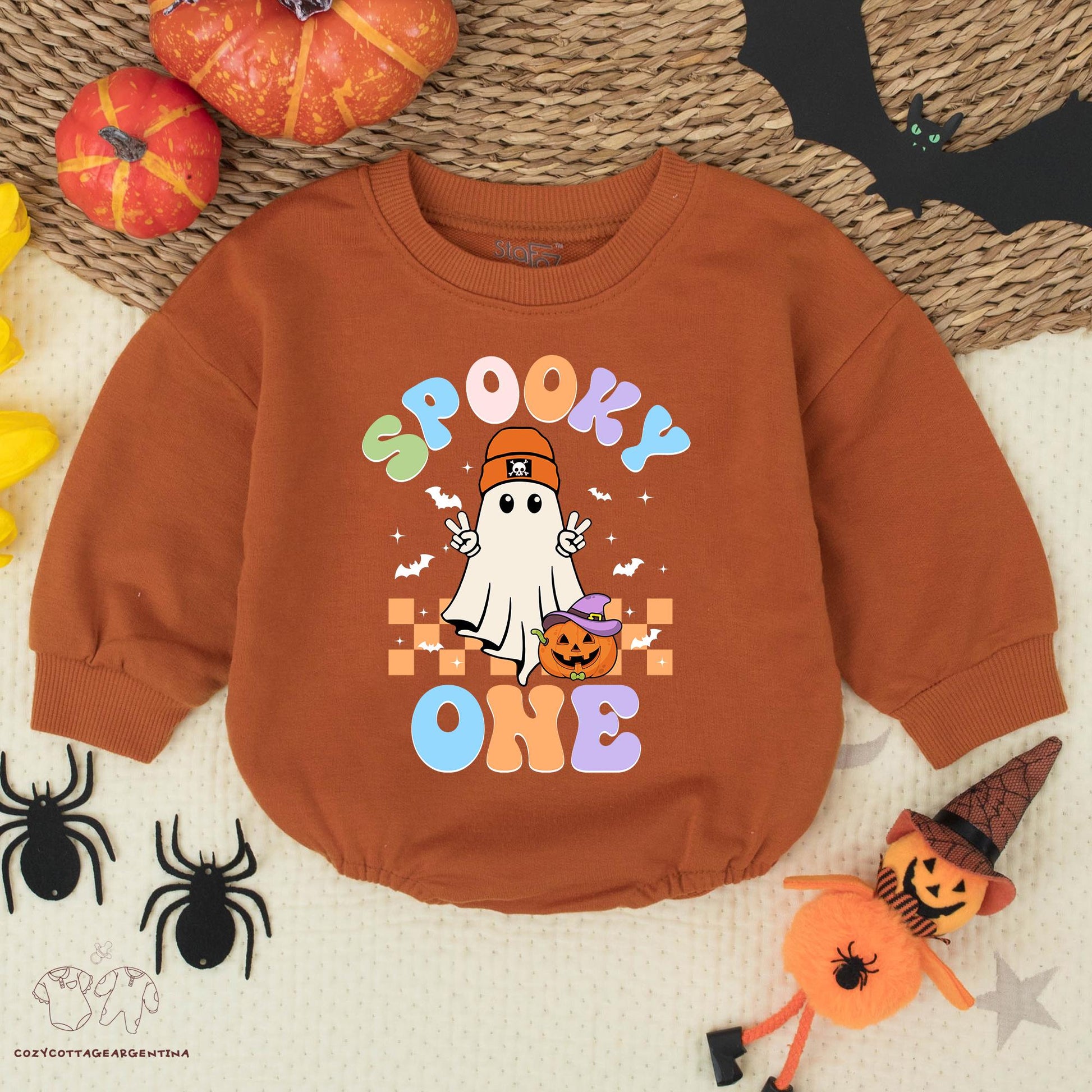 Spooky One Halloween Baby Boy Romper, First Birthday Outfit, Retro Ghost & Pumpkin Design, Fall Baby Costume, Trick or Treat