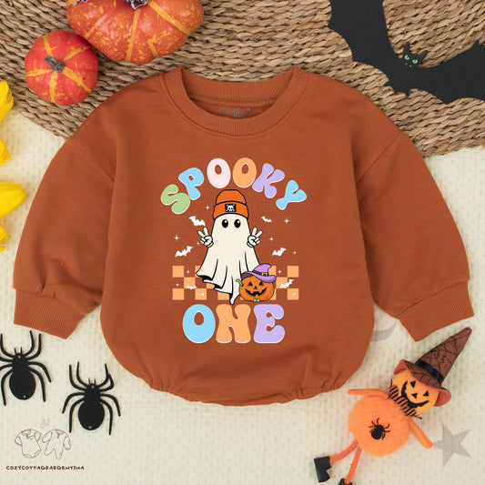 Spooky One Halloween Baby Boy Romper, First Birthday Outfit, Retro Ghost & Pumpkin Design, Fall Baby Costume, Trick or Treat