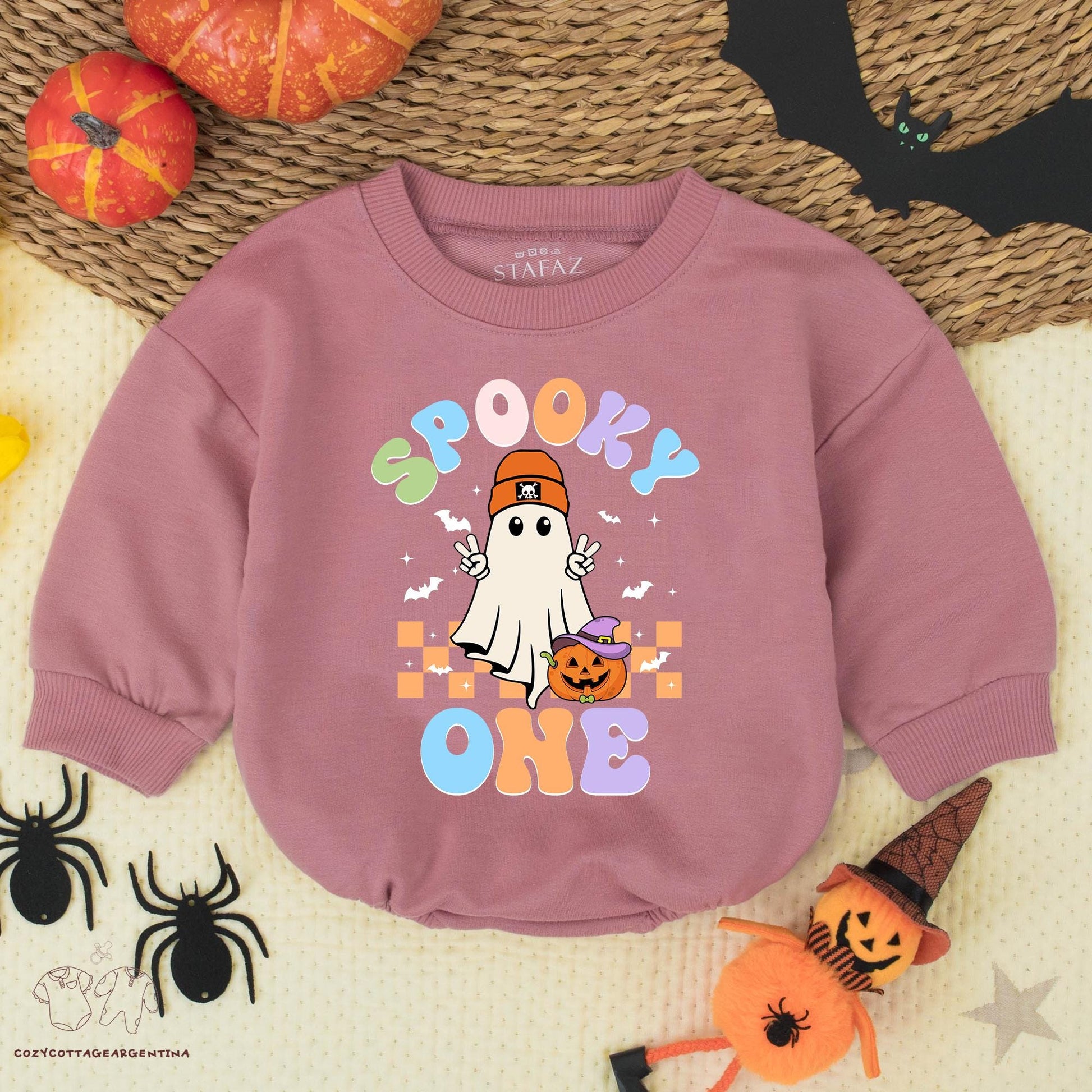 Spooky One Halloween Baby Boy Romper, First Birthday Outfit, Retro Ghost & Pumpkin Design, Fall Baby Costume, Trick or Treat