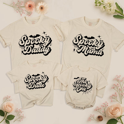 The Spooky One Halloween Birthday Sweater and Spooky Mama Matching Family Outfits with Bats Stars and Spiderweb Graphics