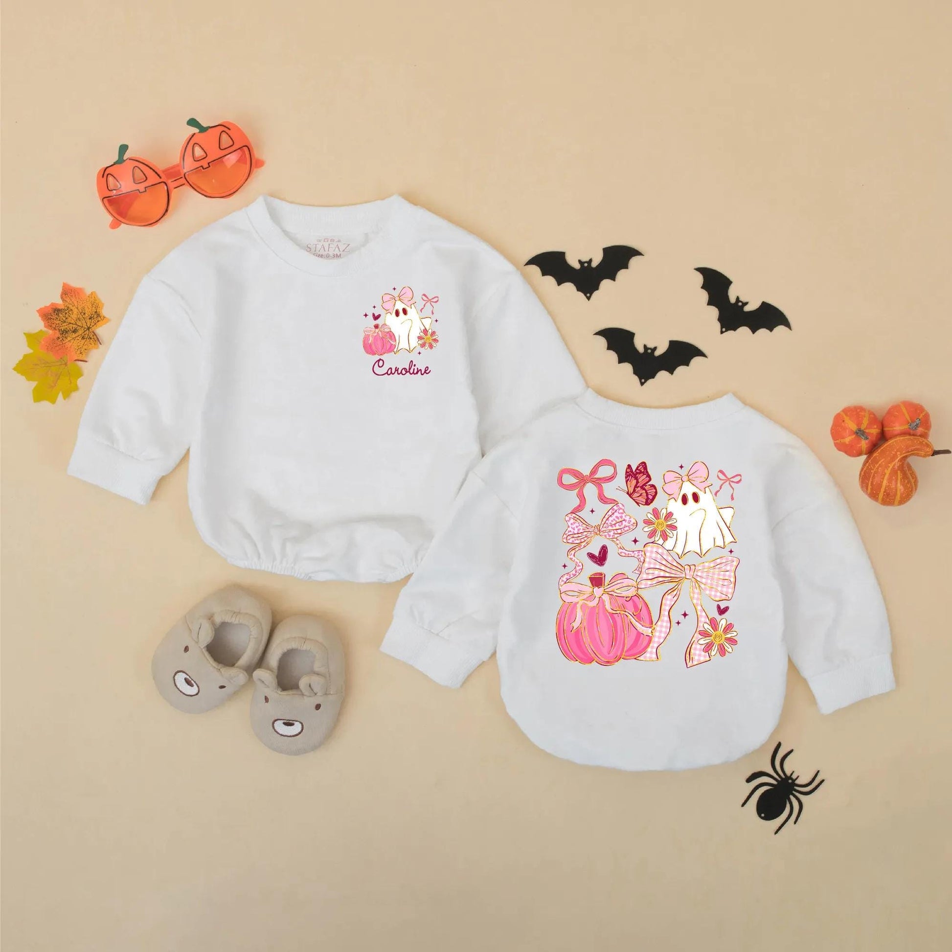 Personalized Halloween Baby Romper, Cute Ghost with Pink Bow & Pumpkin, Custom Name Girl's First Halloween Outfit, Spooky Sparkle Bodysuit, Newborn Gift 