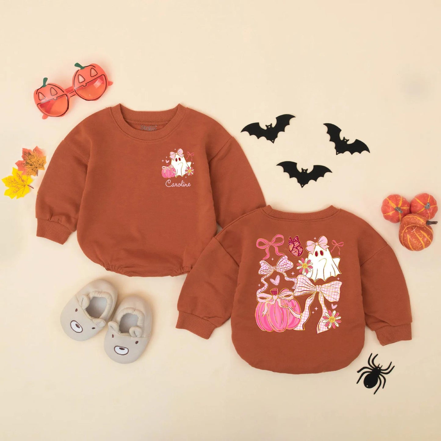 Personalized Halloween Baby Romper, Cute Ghost with Pink Bow & Pumpkin, Custom Name Girl's First Halloween Outfit, Spooky Sparkle Bodysuit, Newborn Gift 