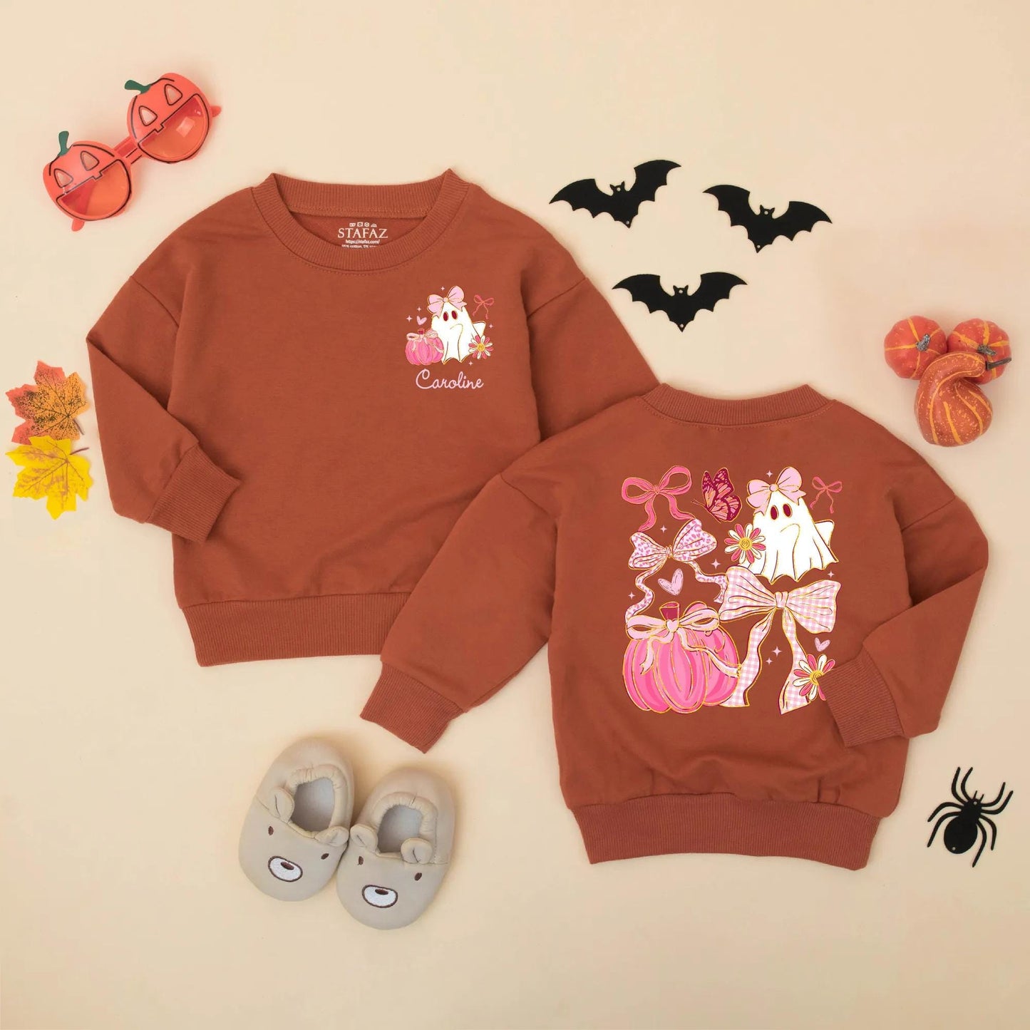 Personalized Halloween Baby Romper, Cute Ghost with Pink Bow & Pumpkin, Custom Name Girl's First Halloween Outfit, Spooky Sparkle Bodysuit, Newborn Gift 