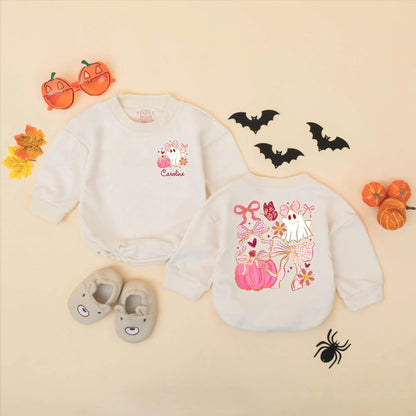 Personalized Halloween Baby Romper, Cute Ghost with Pink Bow & Pumpkin, Custom Name Girl's First Halloween Outfit, Spooky Sparkle Bodysuit, Newborn Gift 