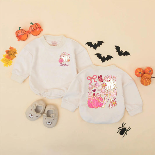 Personalized Halloween Baby Romper, Cute Ghost with Pink Bow & Pumpkin, Custom Name Girl's First Halloween Outfit, Spooky Sparkle Bodysuit, Newborn Gift 
