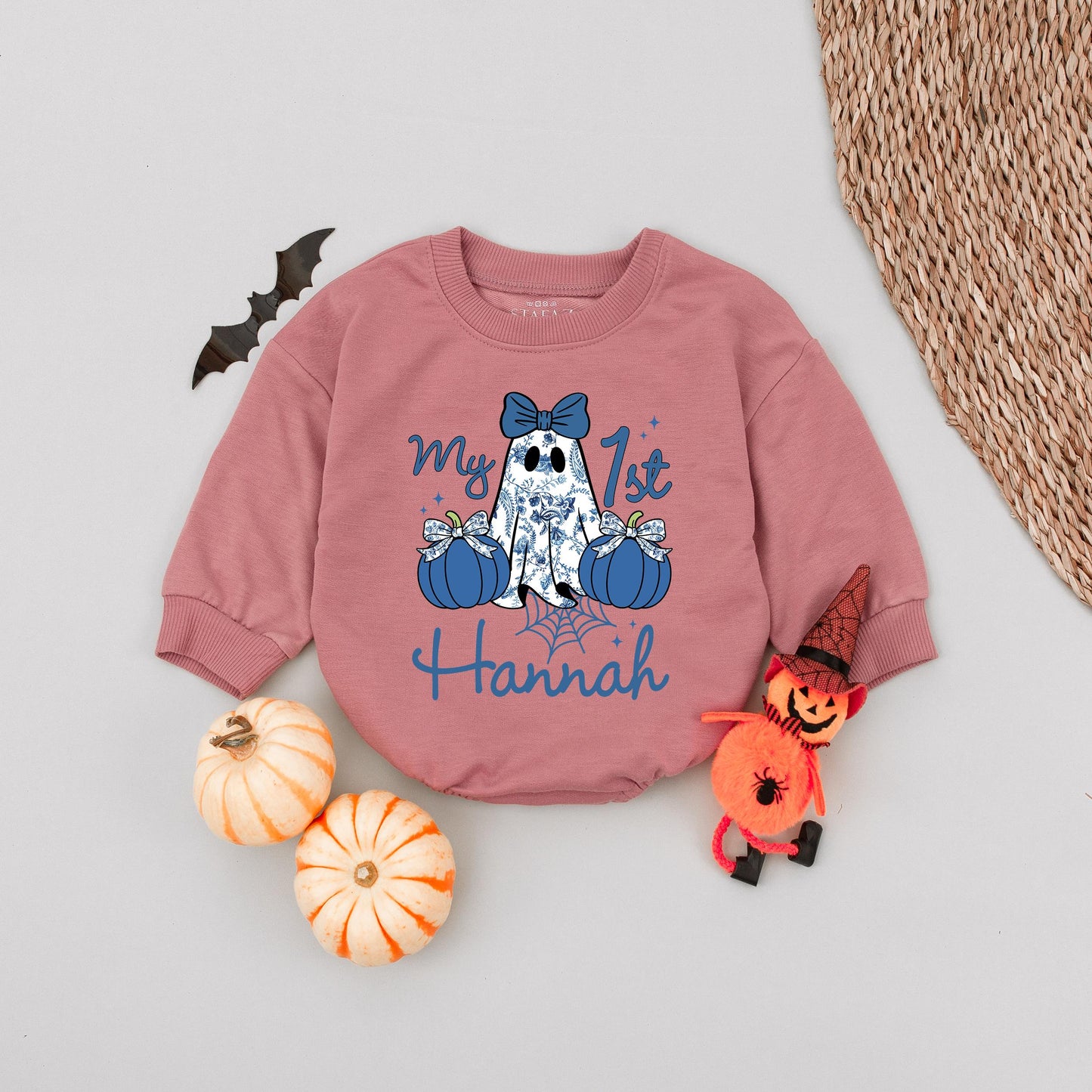 Custom Hannah Blue Denim Ghost Romper 'my 1st' Halloween Baby Girl Outfit Cute Blue Bow
