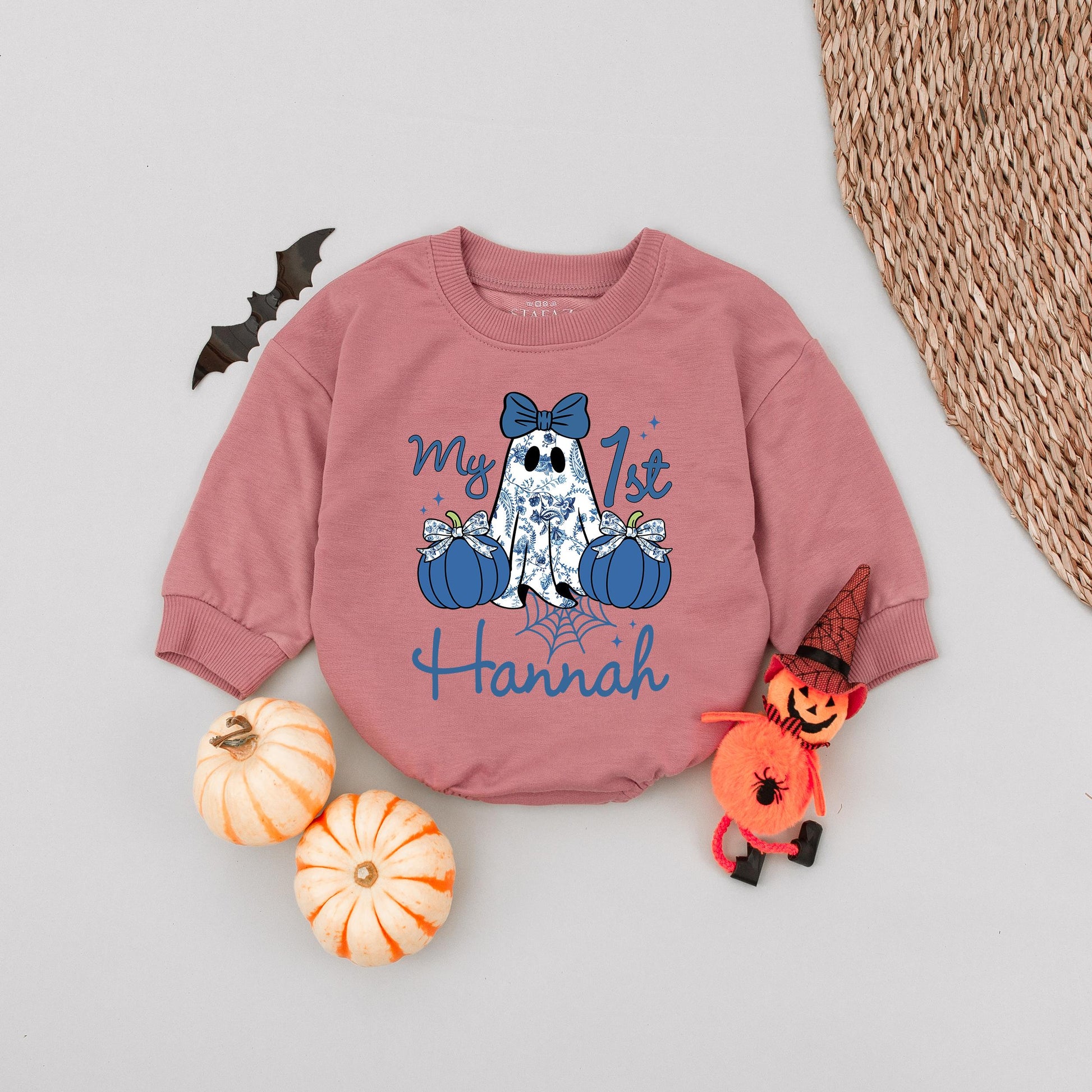 Custom Hannah Blue Denim Ghost Romper 'my 1st' Halloween Baby Girl Outfit Cute Blue Bow