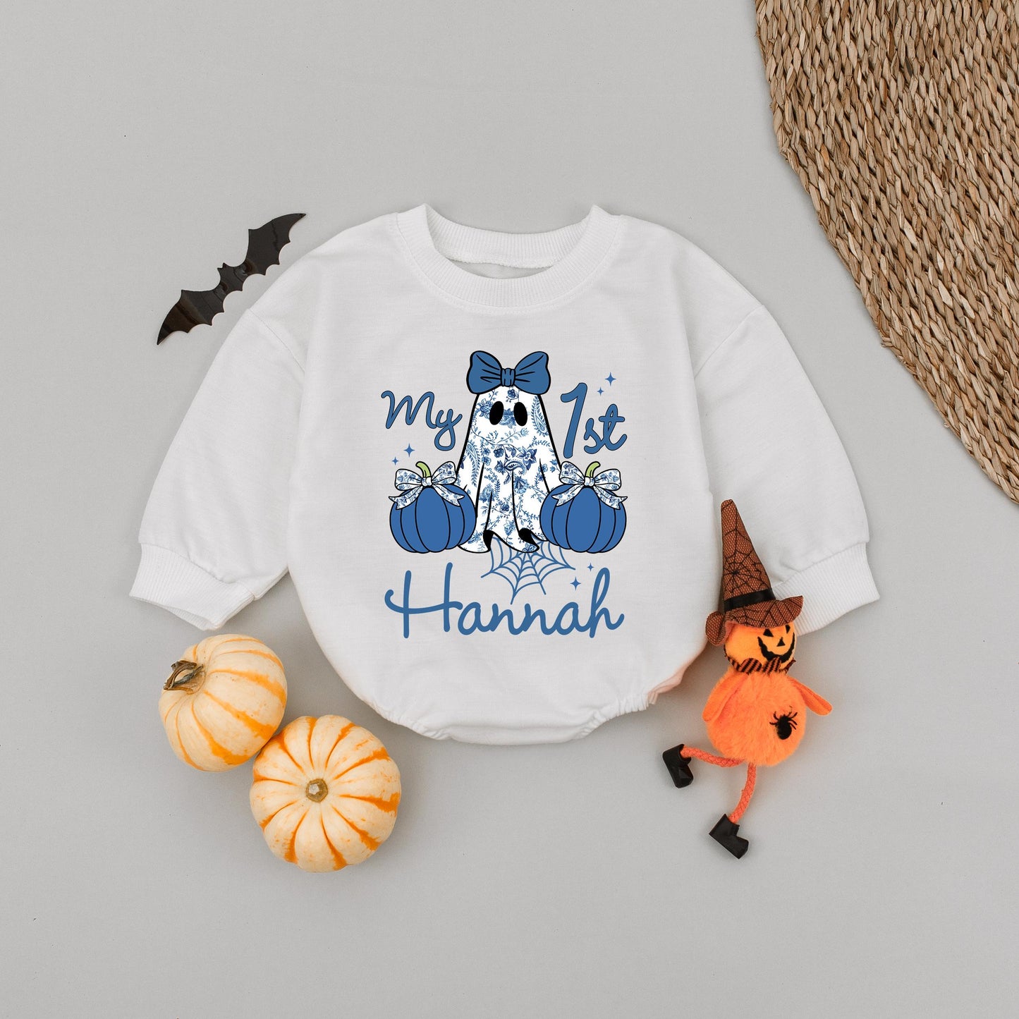 Custom Hannah Blue Denim Ghost Romper 'my 1st' Halloween Baby Girl Outfit Cute Blue Bow