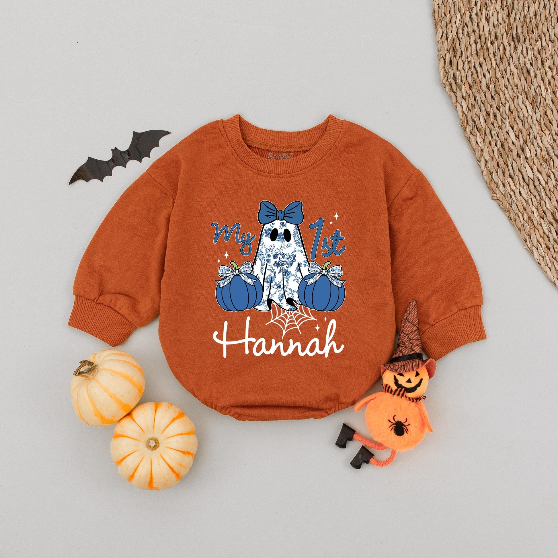 Custom Hannah Blue Denim Ghost Romper 'my 1st' Halloween Baby Girl Outfit Cute Blue Bow
