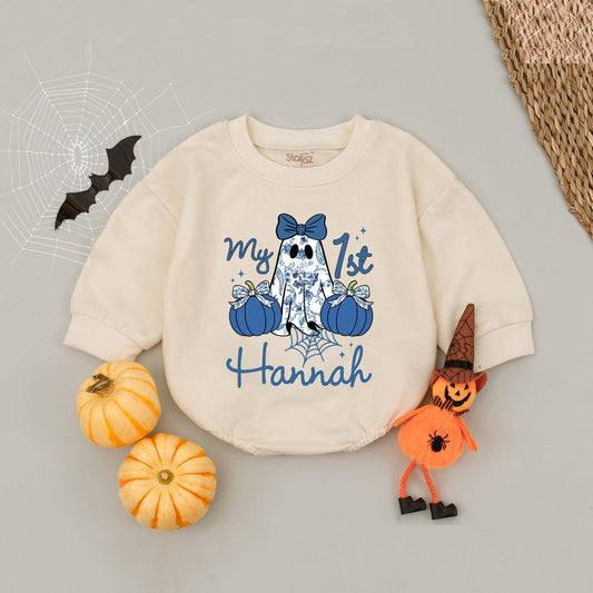 Custom Hannah Blue Denim Ghost Romper 'my 1st' Halloween Baby Girl Outfit Cute Blue Bow