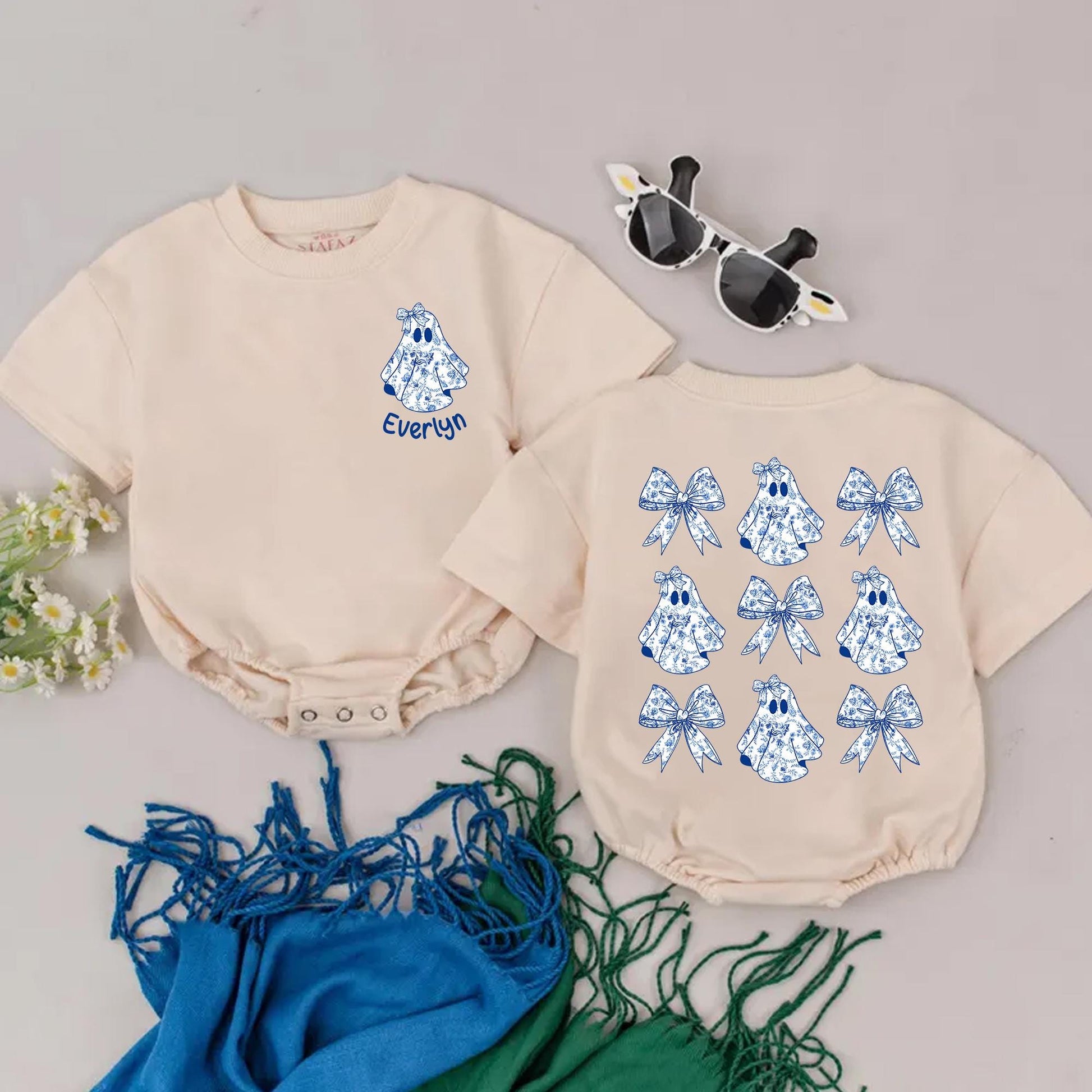 Personalized Baby Ghost Romper, Blue Chinoiserie Halloween Outfit, Custom Name Spooky Season Clothes, Vintage Floral Bows, First Halloween Gift 134 Chars