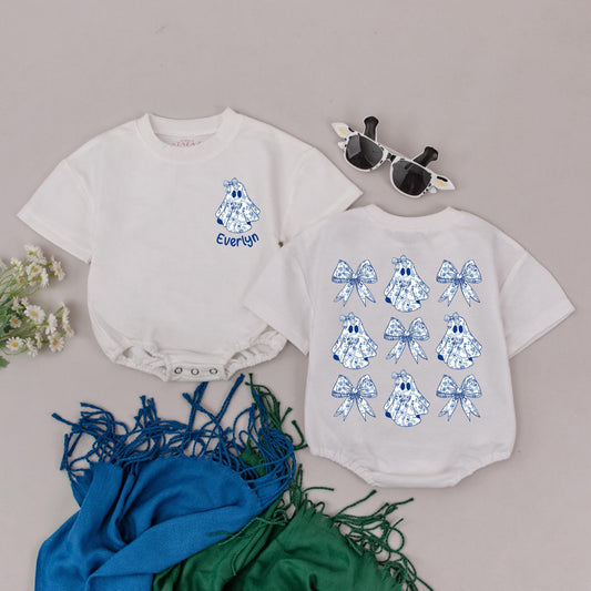 Personalized Baby Ghost Romper, Blue Chinoiserie Halloween Outfit, Custom Name Spooky Season Clothes, Vintage Floral Bows, First Halloween Gift 134 Chars
