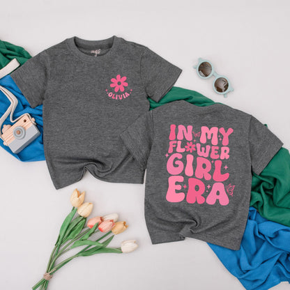 Personalized Pink In My Flower Girl Era T-Shirt Retro Groovy Flower Design Toddler Bridal Party Wedding Proposal Gift Junior Bridesmaid
