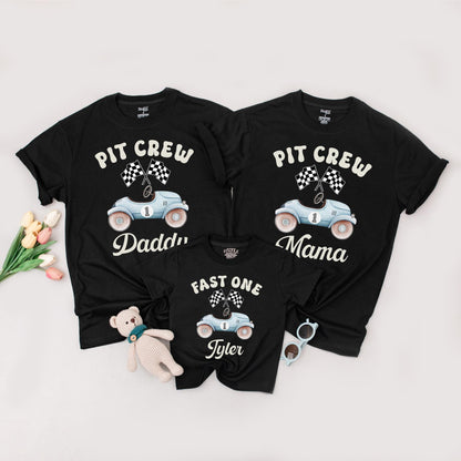 Fast One Birthday Matching Shirts for Family, Race Car 1st Birthday Boy Outfit, Pit Crew Custom Daddy Son Tees, Light Blue Vintage Theme Party (138 chars)