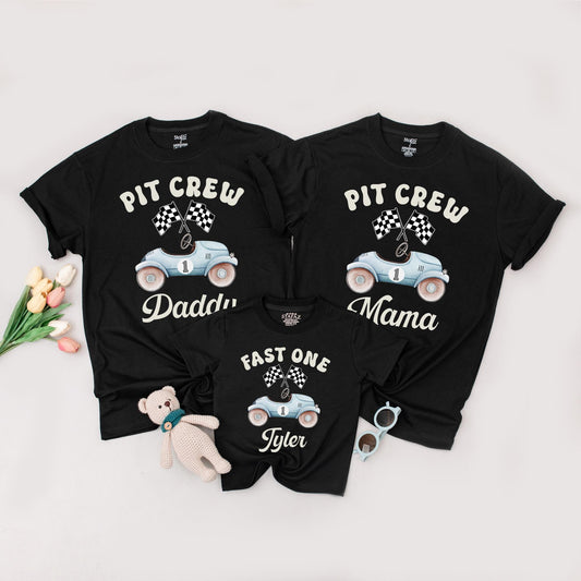 Fast One Birthday Matching Shirts for Family, Race Car 1st Birthday Boy Outfit, Pit Crew Custom Daddy Son Tees, Light Blue Vintage Theme Party (138 chars)