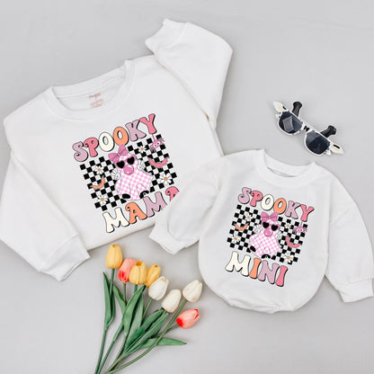 Spooky Mama Mini Retro Ghost Matching Halloween Shirts Pastel Checkered Mom Baby Outfits 2025