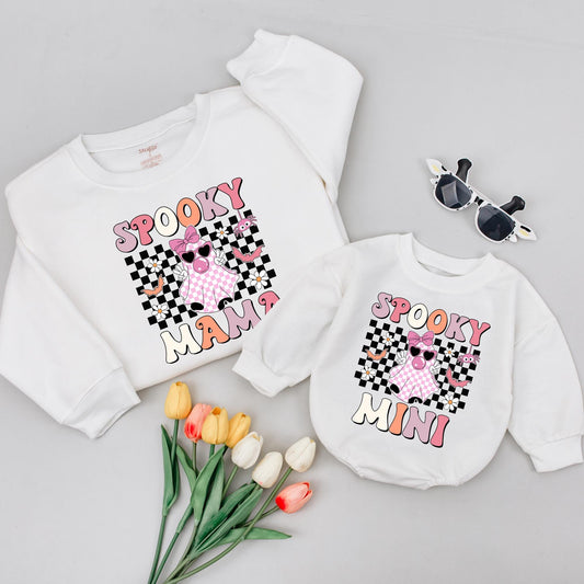 Spooky Mama Mini Retro Ghost Matching Halloween Shirts Pastel Checkered Mom Baby Outfits 2025