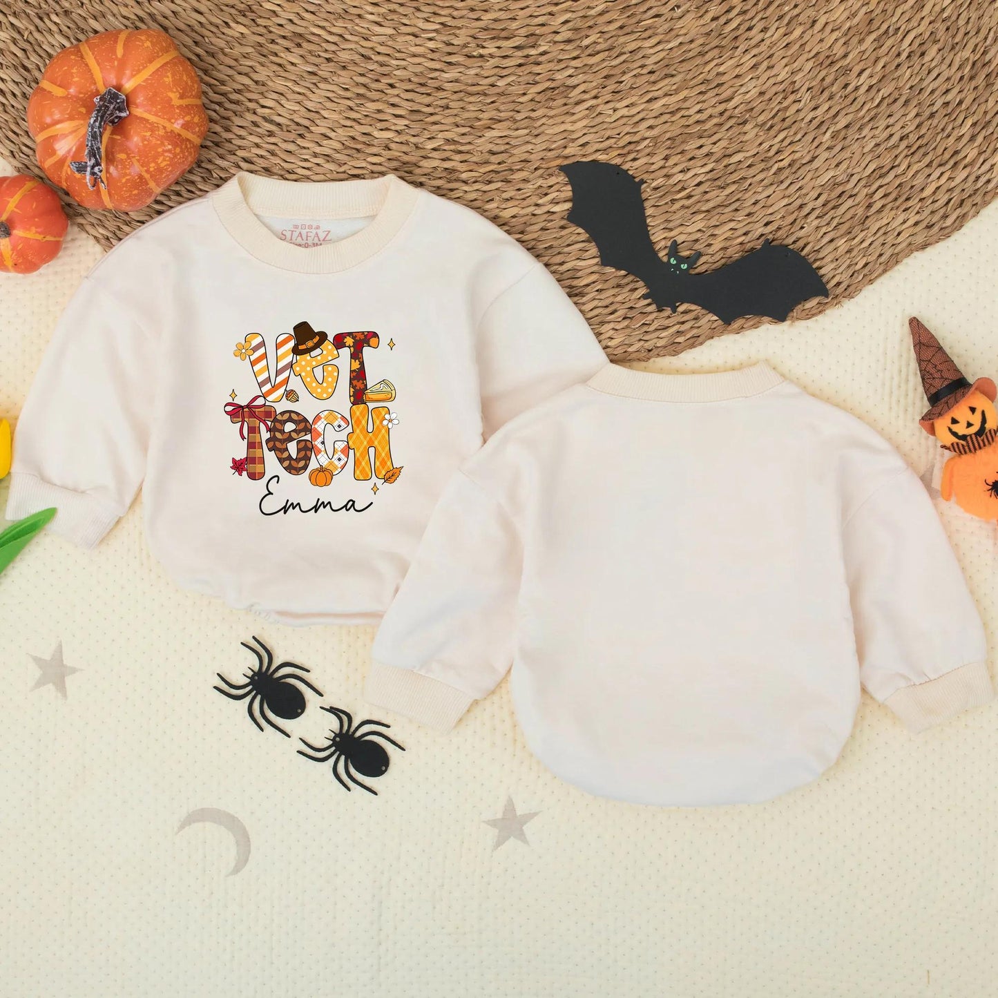 Custom Vet Tech Fall Pattern Bubble Romper Baby Girl Outfit Personalized with Emma, Festive Thanksgiving Bodysuit with Pumpkin Leaf Designs