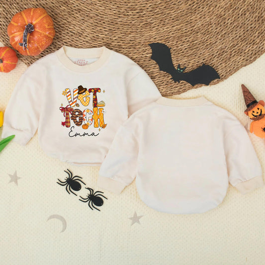 Custom Vet Tech Fall Pattern Bubble Romper Baby Girl Outfit Personalized with Emma, Festive Thanksgiving Bodysuit with Pumpkin Leaf Designs