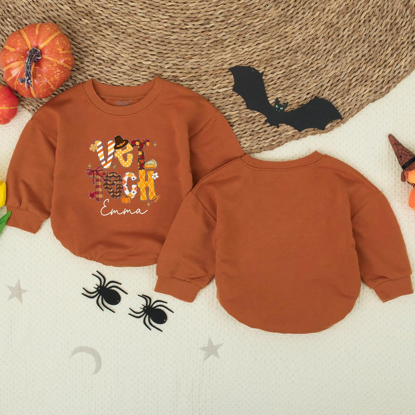 Custom Vet Tech Fall Pattern Bubble Romper Baby Girl Outfit Personalized with Emma, Festive Thanksgiving Bodysuit with Pumpkin Leaf Designs