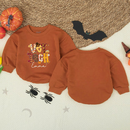 Custom Vet Tech Fall Pattern Bubble Romper Baby Girl Outfit Personalized with Emma, Festive Thanksgiving Bodysuit with Pumpkin Leaf Designs