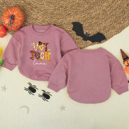 Custom Vet Tech Fall Pattern Bubble Romper Baby Girl Outfit Personalized with Emma, Festive Thanksgiving Bodysuit with Pumpkin Leaf Designs