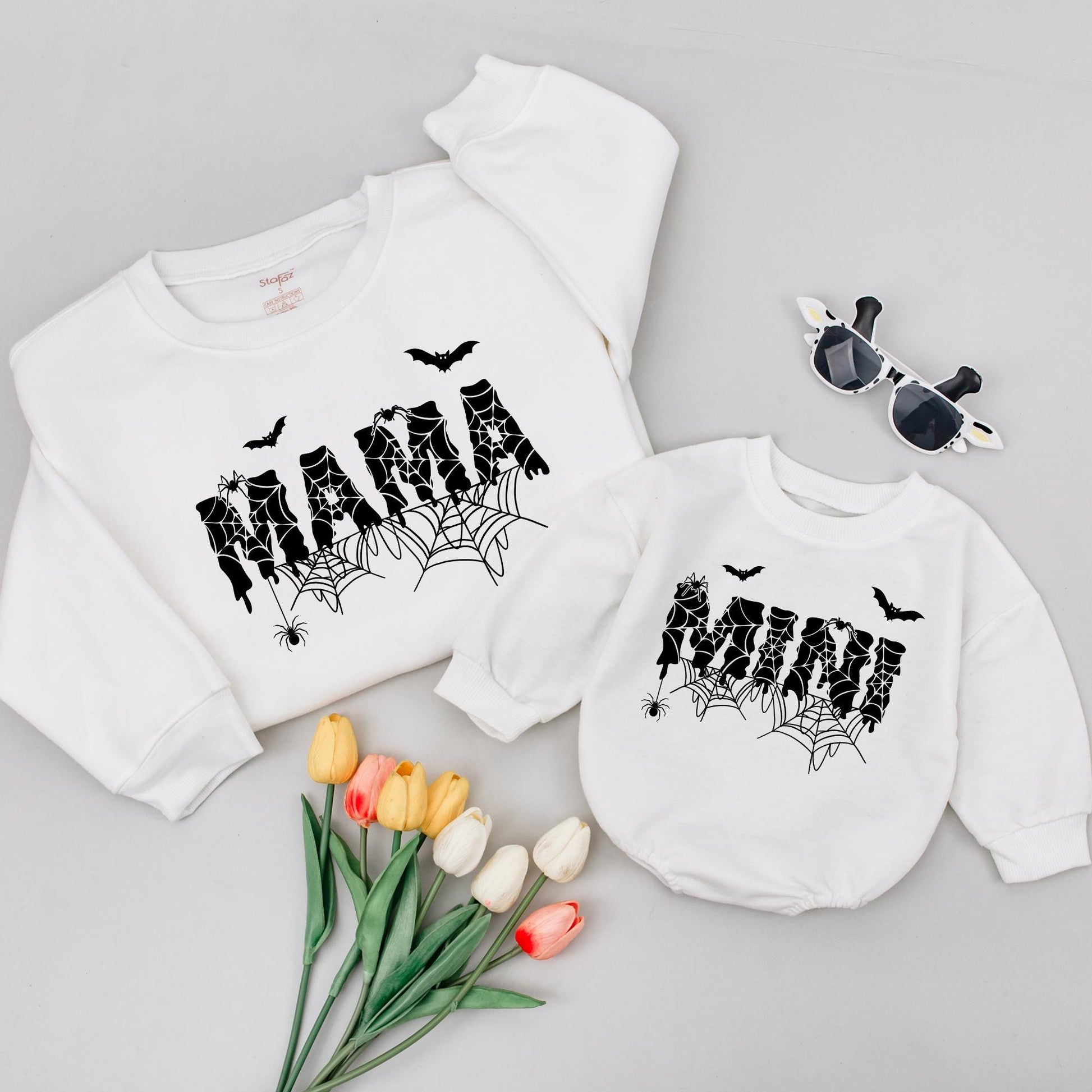 Spooky Mama & Mini Matching Halloween Shirts, Spiderweb Design, Mom and Baby Outfit, Cute Spiders & Bats, Halloween Family Costume