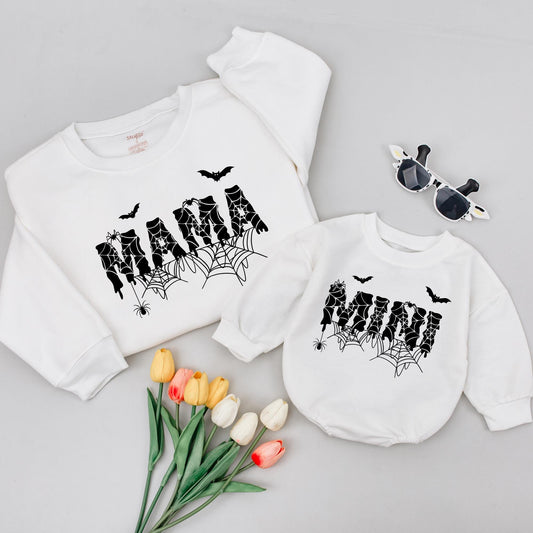 Spooky Mama & Mini Matching Halloween Shirts, Spiderweb Design, Mom and Baby Outfit, Cute Spiders & Bats, Halloween Family Costume