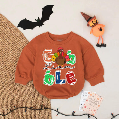 Personalized Baby Gobble Turkey Thanksgiving Bubble Romper with Name Football Letter Design Festive Colorful First Thanksgiving Outfit