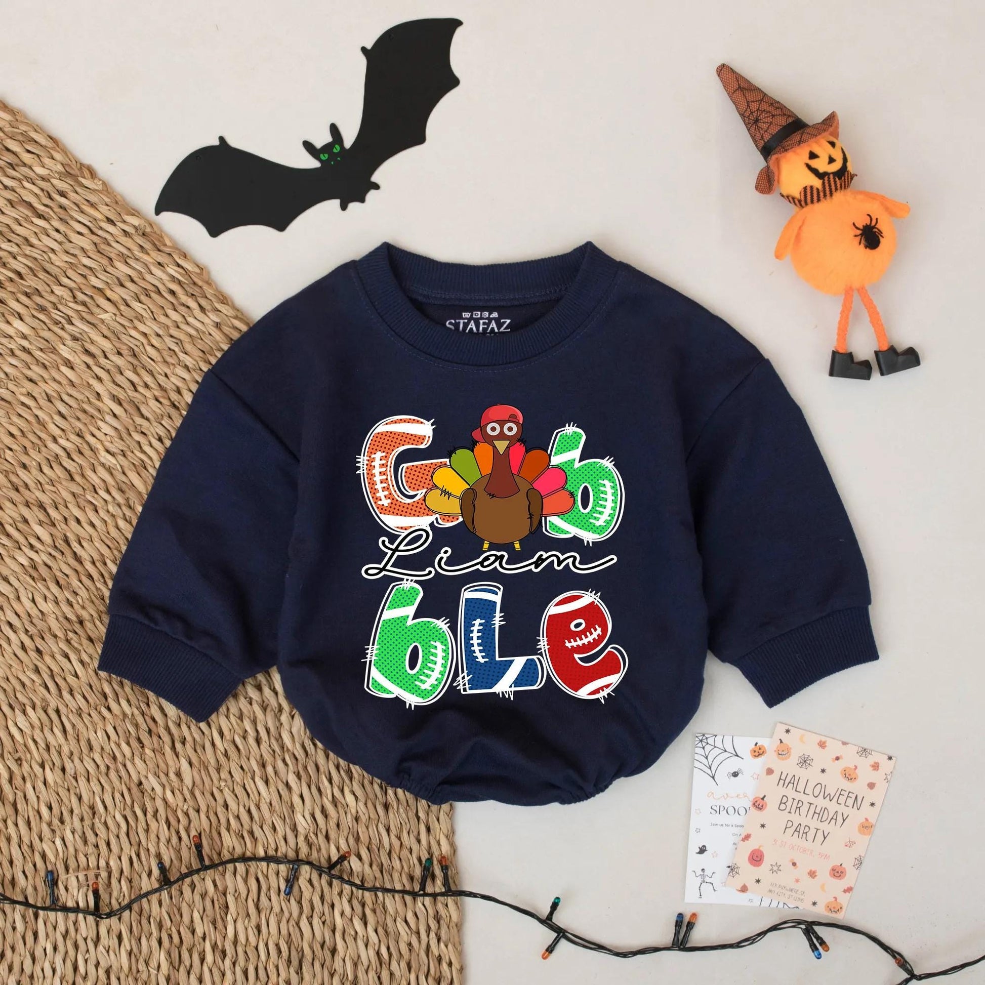 Personalized Baby Gobble Turkey Thanksgiving Bubble Romper with Name Football Letter Design Festive Colorful First Thanksgiving Outfit