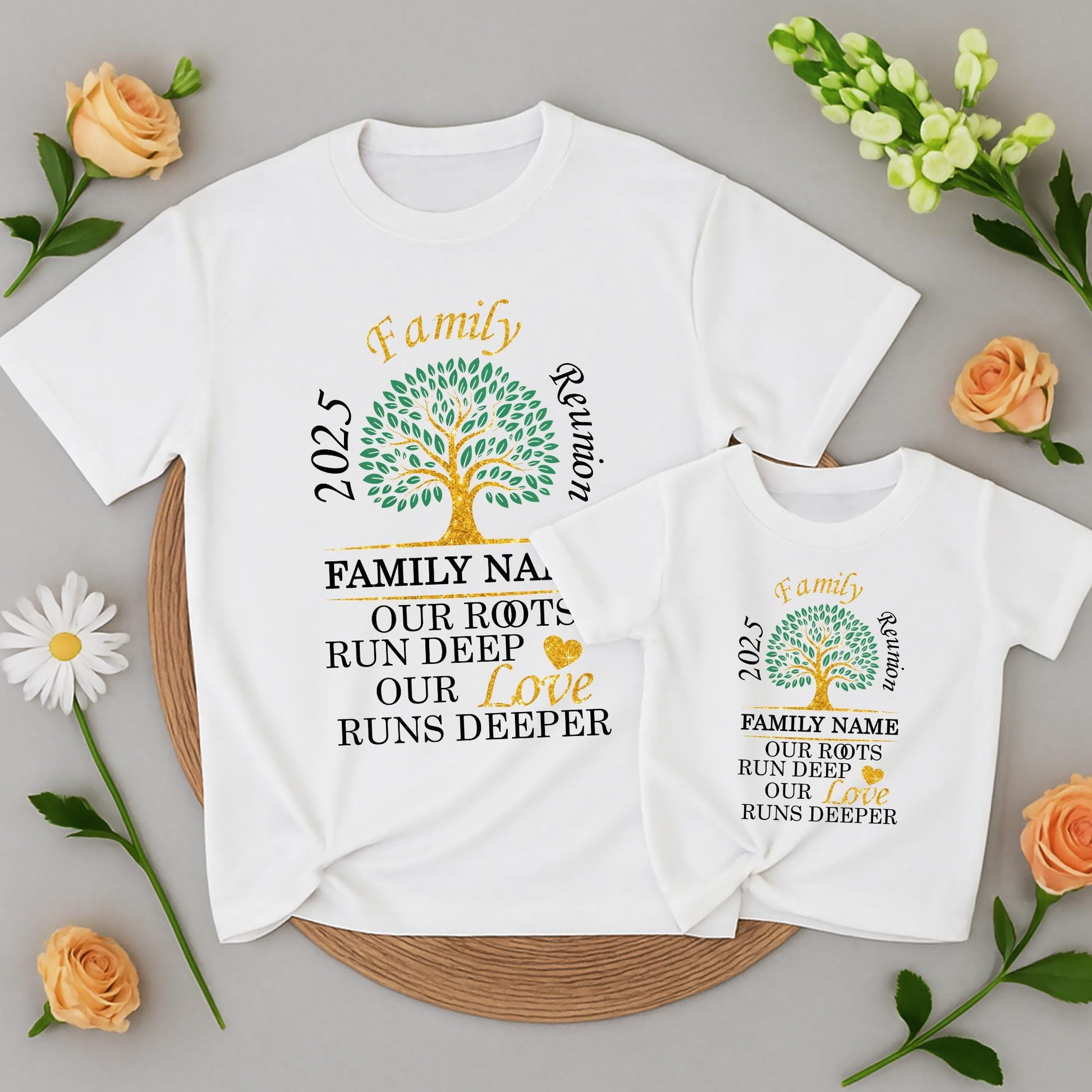 Family Reunion 2025 Custom Name Shirt: Our Roots Run Deep, Love Deeper, Green & Gold Family Tree Tee, Glitter Heart, Personalized Family Gift
