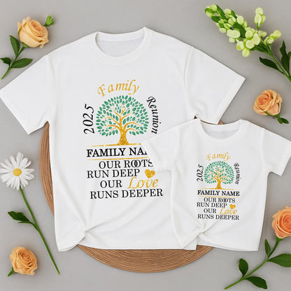 Family Reunion 2025 Custom Name Shirt: Our Roots Run Deep, Love Deeper, Green & Gold Family Tree Tee, Glitter Heart, Personalized Family Gift