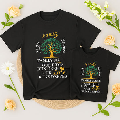 Family Reunion 2025 Custom Name Shirt: Our Roots Run Deep, Love Deeper, Green & Gold Family Tree Tee, Glitter Heart, Personalized Family Gift
