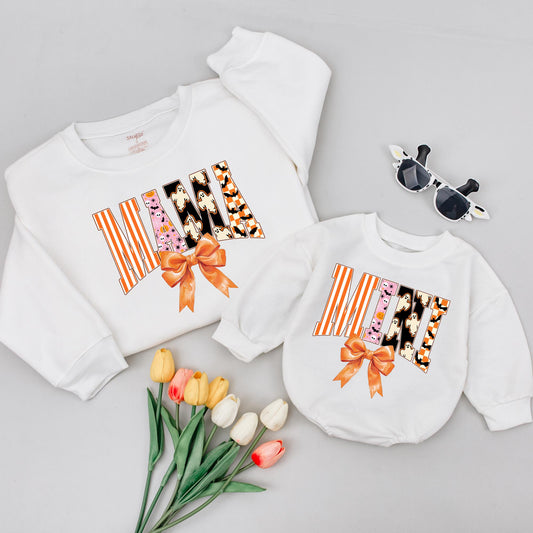 Retro Halloween Mama Mini Shirts with Bow, Spooky Varsity Tees, Matching Family Outfits, Cute Halloween Costume Shirt, Playful Fall Vibes (133 chars)