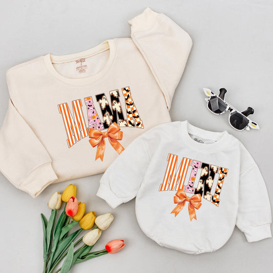 Retro Halloween Mama Mini Shirts with Bow, Spooky Varsity Tees, Matching Family Outfits, Cute Halloween Costume Shirt, Playful Fall Vibes (133 chars)