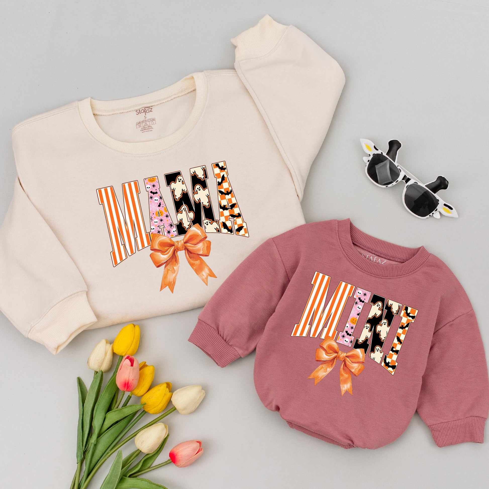 Retro Halloween Mama Mini Shirts with Bow, Spooky Varsity Tees, Matching Family Outfits, Cute Halloween Costume Shirt, Playful Fall Vibes (133 chars)