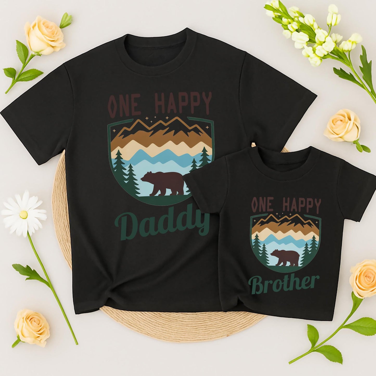 One Happy Camper Birthday Shirt Custom Family Camping Daddy Mama Brother Vacation 2025 Mountain Pine Tree Bear Outdoorsy Rustic Gift