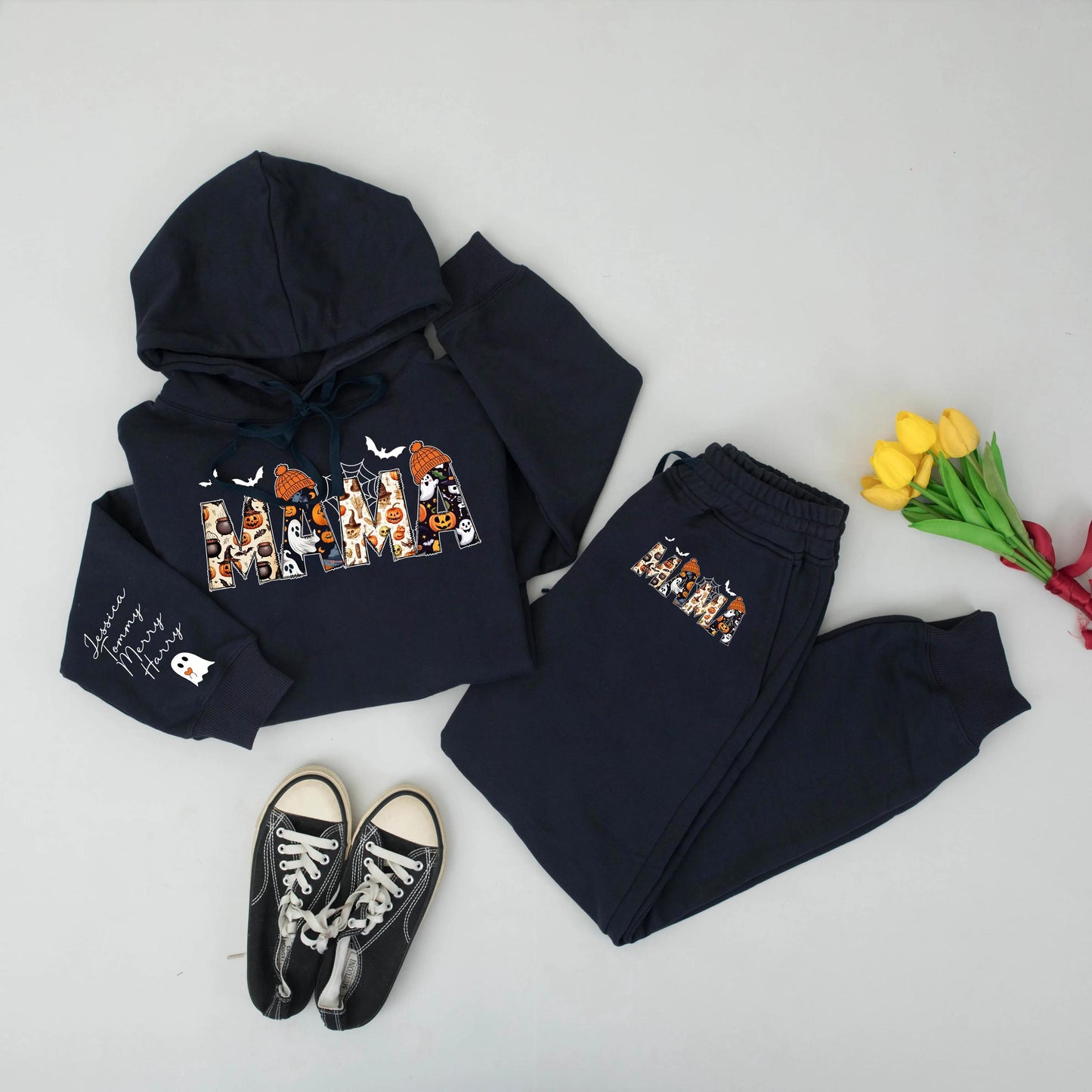 Spooky Season Personalized Mama Sweatshirt: Halloween Ghosts, Bats & Pumpkins Design, Custom Name Sleeve, Festive Mom Hoodie, Comfort & Style, Gift for Her (140)