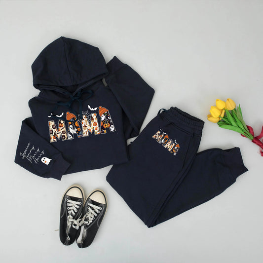 Spooky Season Personalized Mama Sweatshirt: Halloween Ghosts, Bats & Pumpkins Design, Custom Name Sleeve, Festive Mom Hoodie, Comfort & Style, Gift for Her (140)
