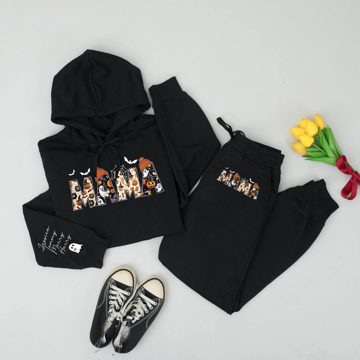 Spooky Season Personalized Mama Sweatshirt: Halloween Ghosts, Bats & Pumpkins Design, Custom Name Sleeve, Festive Mom Hoodie, Comfort & Style, Gift for Her (140)