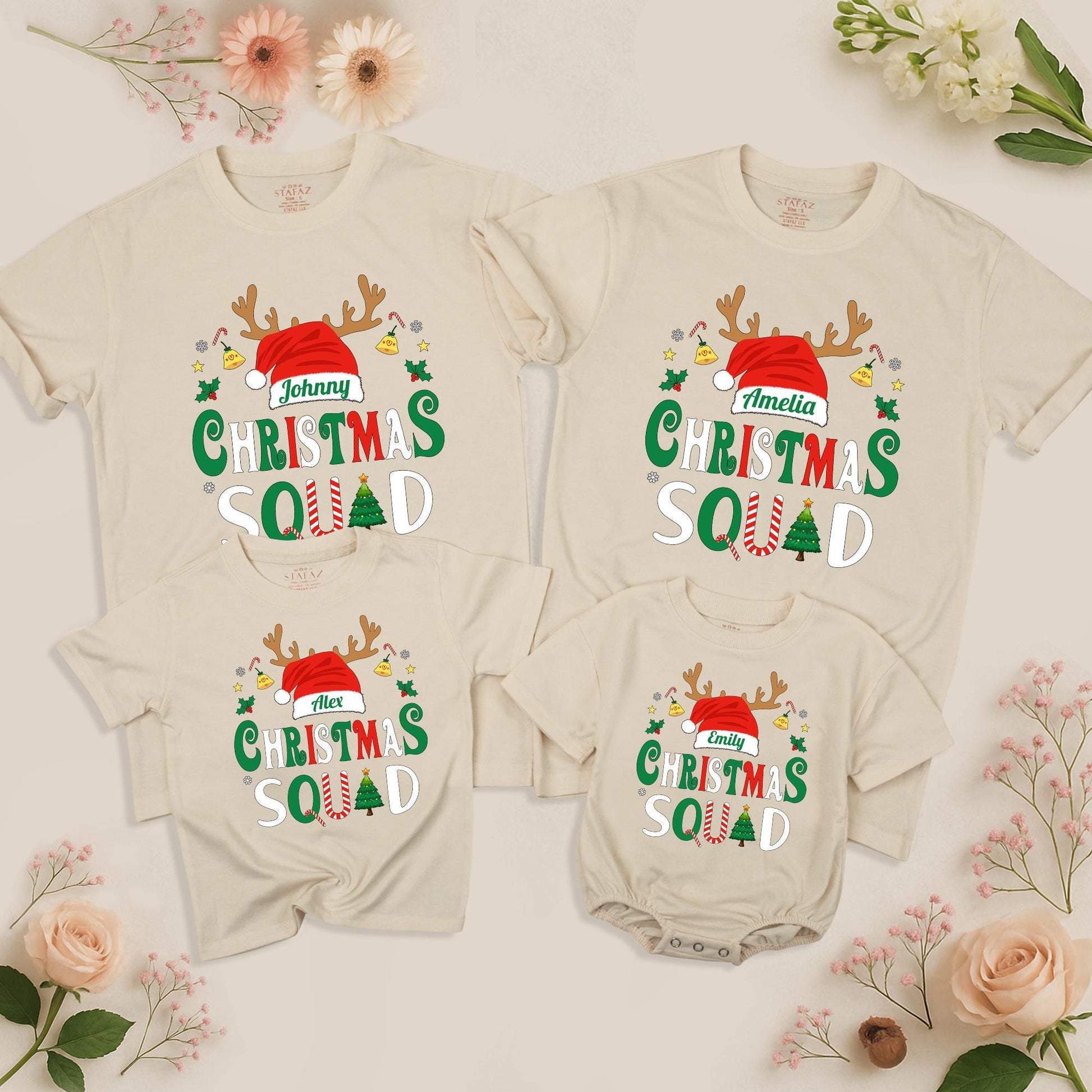 Christmas Squad Matching Family Shirts 2025 Personalized Name Santa Hat Antlers Holiday Tee Festive Group Outfit Bells Stars Candy Canes Xmas Pajamas