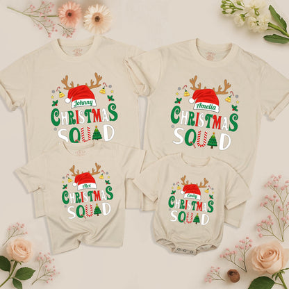 Christmas Squad Matching Family Shirts 2025 Personalized Name Santa Hat Antlers Holiday Tee Festive Group Outfit Bells Stars Candy Canes Xmas Pajamas
