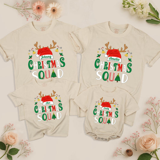 Christmas Squad Matching Family Shirts 2025 Personalized Name Santa Hat Antlers Holiday Tee Festive Group Outfit Bells Stars Candy Canes Xmas Pajamas
