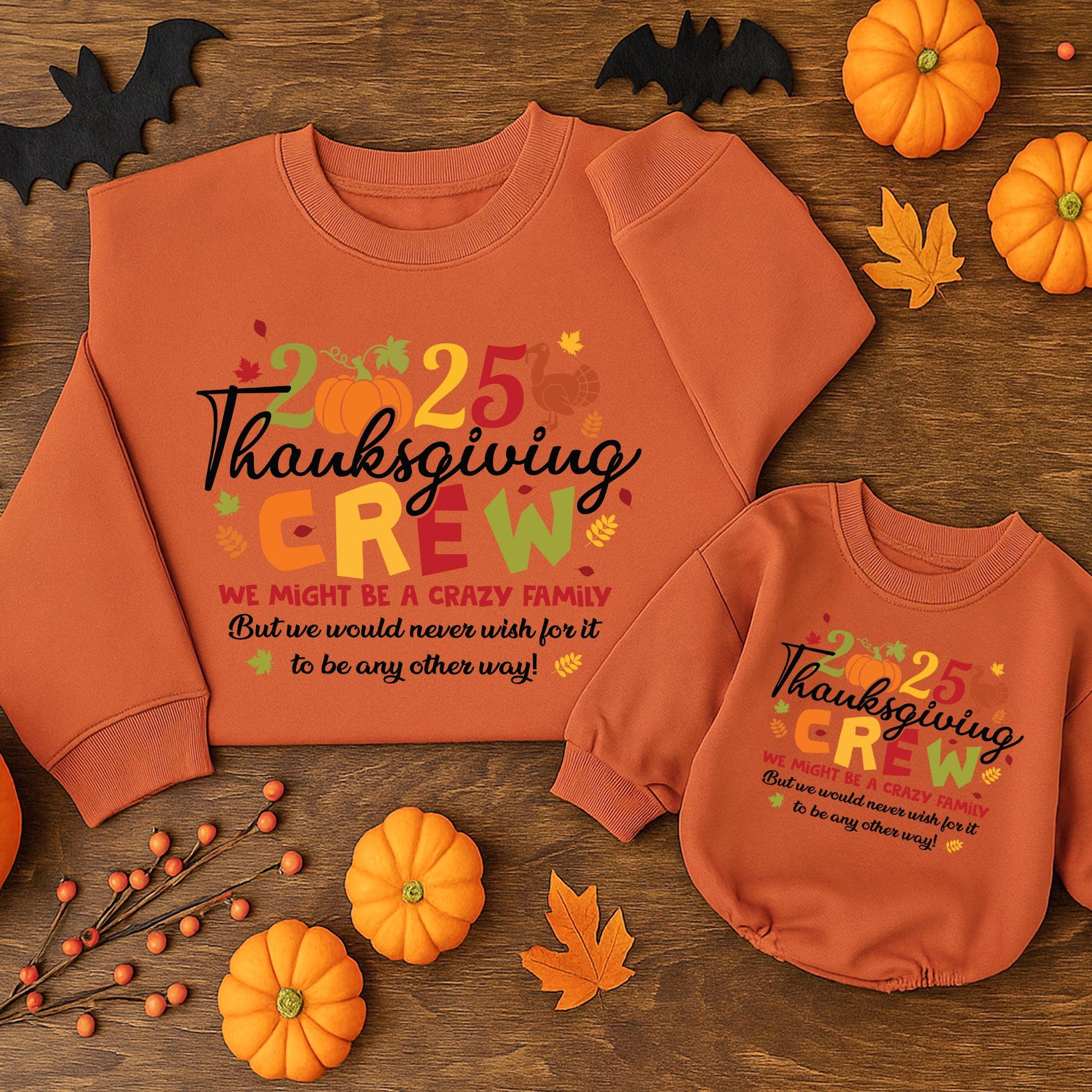 Thanksgiving CREW Family Matching 2025 Fall Outfit | Turkey & Pumpkin Baby Romper, Holiday Shirts, Fall Family Tee