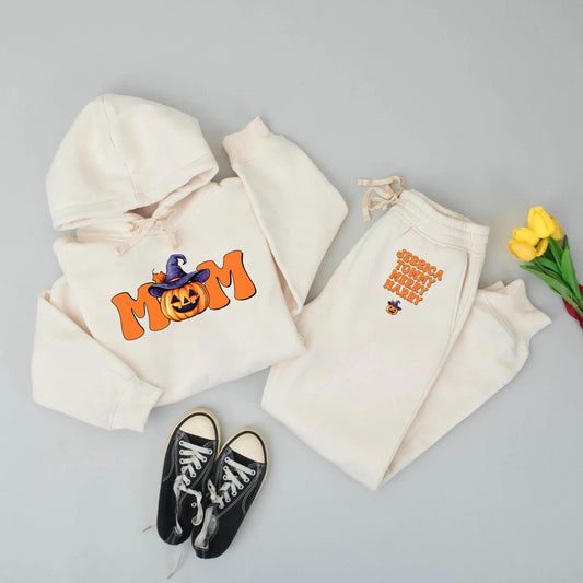 Personalized Mom Halloween Hoodie & Pants Set, Retro Pumpkin Patch Outfit, Custom Mama Gift, Orange & Purple Fall Sweatshirt