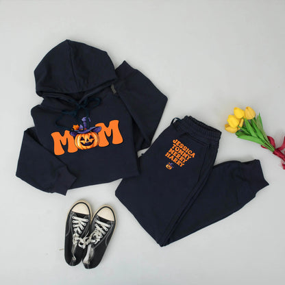 Personalized Mom Halloween Hoodie & Pants Set, Retro Pumpkin Patch Outfit, Custom Mama Gift, Orange & Purple Fall Sweatshirt