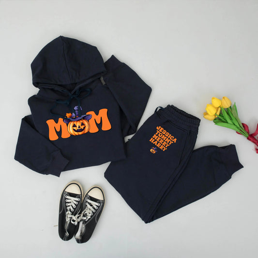 Personalized Mom Halloween Hoodie & Pants Set, Retro Pumpkin Patch Outfit, Custom Mama Gift, Orange & Purple Fall Sweatshirt